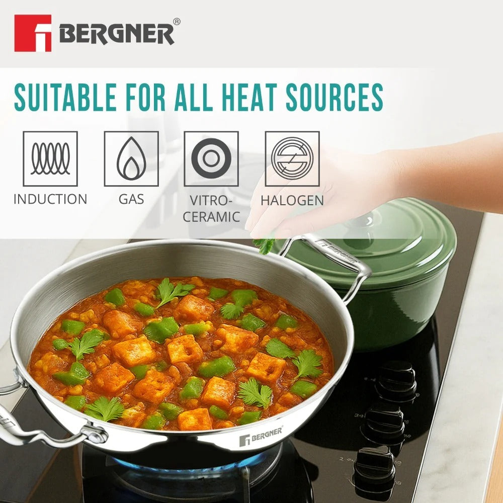 Bergner Argent Tri-Ply Deep Kadai with Lid