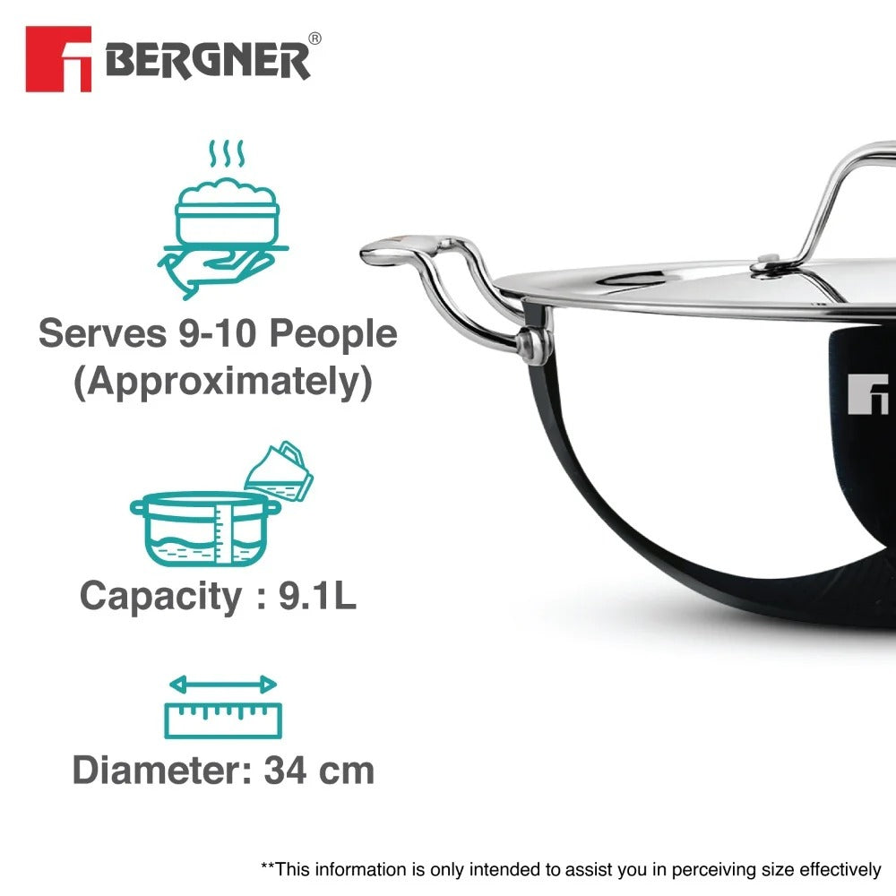 Bergner Argent Tri-Ply Deep Kadai with Lid