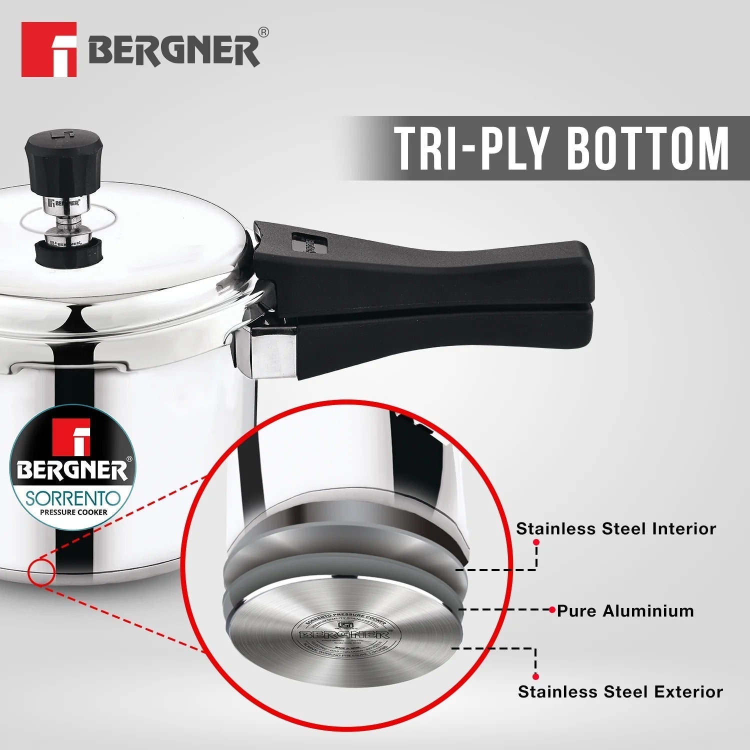 Bergner Sorento Stainless Steel Outer Lid Pressure Cooker 3L (BGIN-1851)