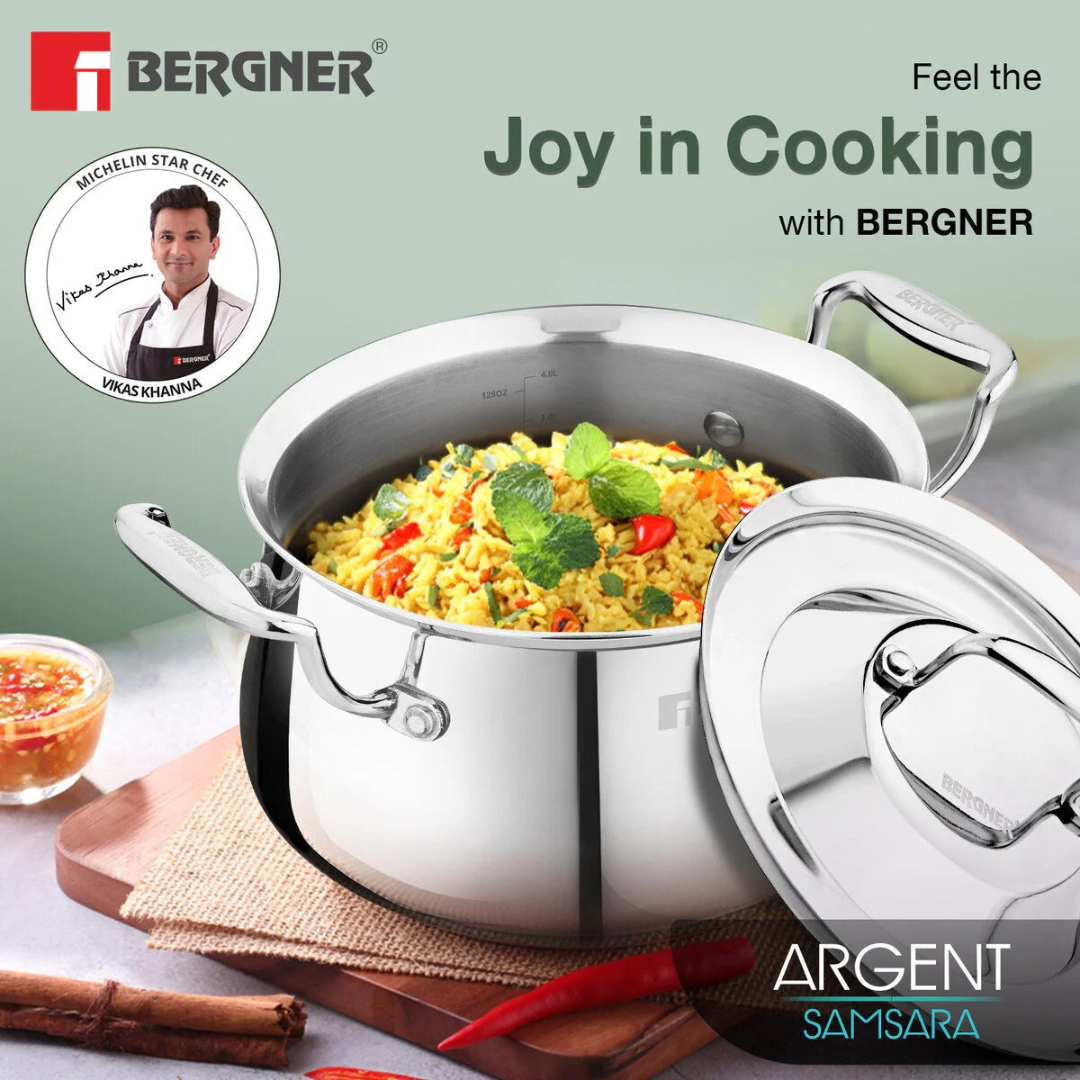 Bergner Argent Samsara Tri-Ply 22cm 4.5L Handi Induction Bottom (BGIN-6576)