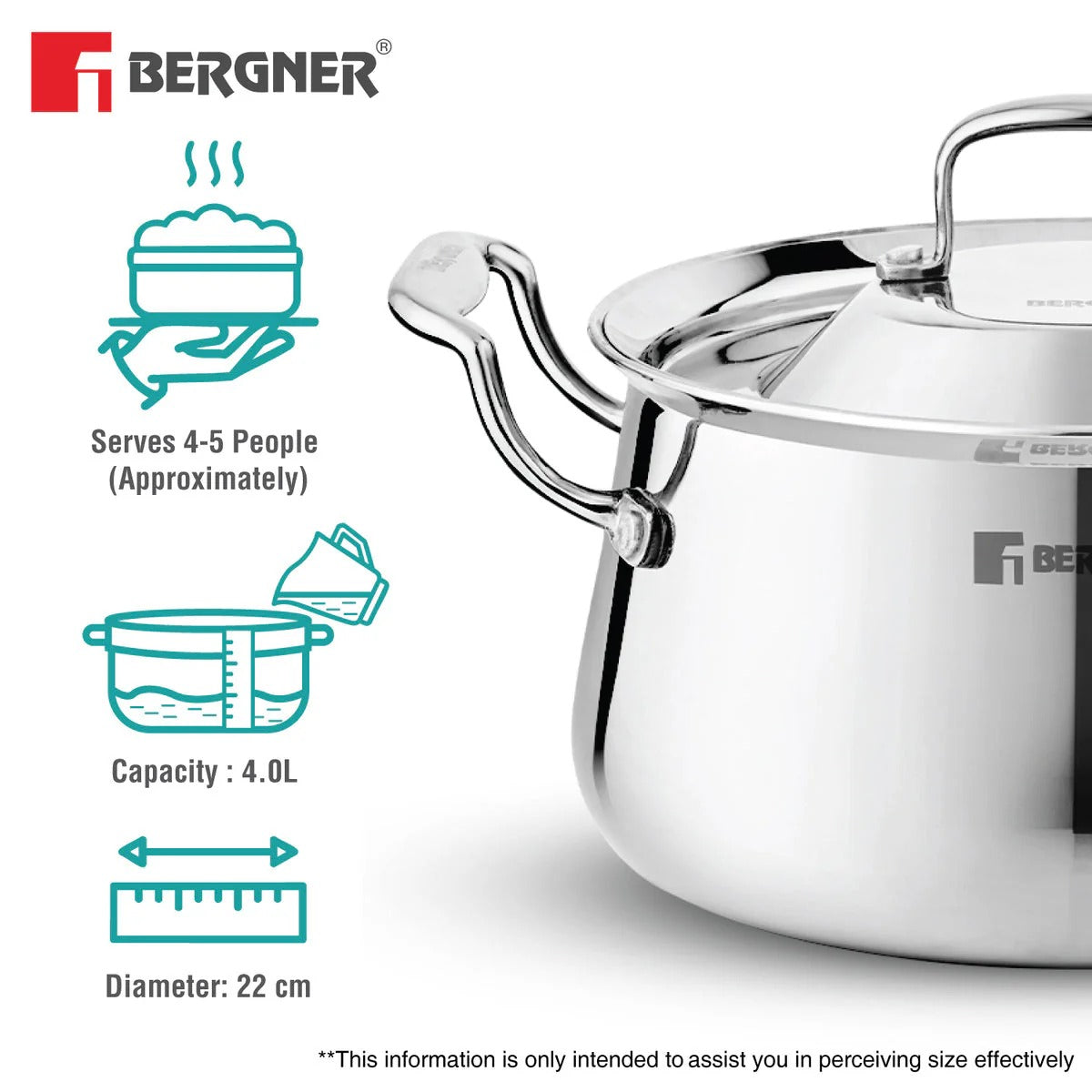 Bergner Argent Samsara Tri-Ply 22cm 4.5L Handi Induction Bottom (BGIN-6576)