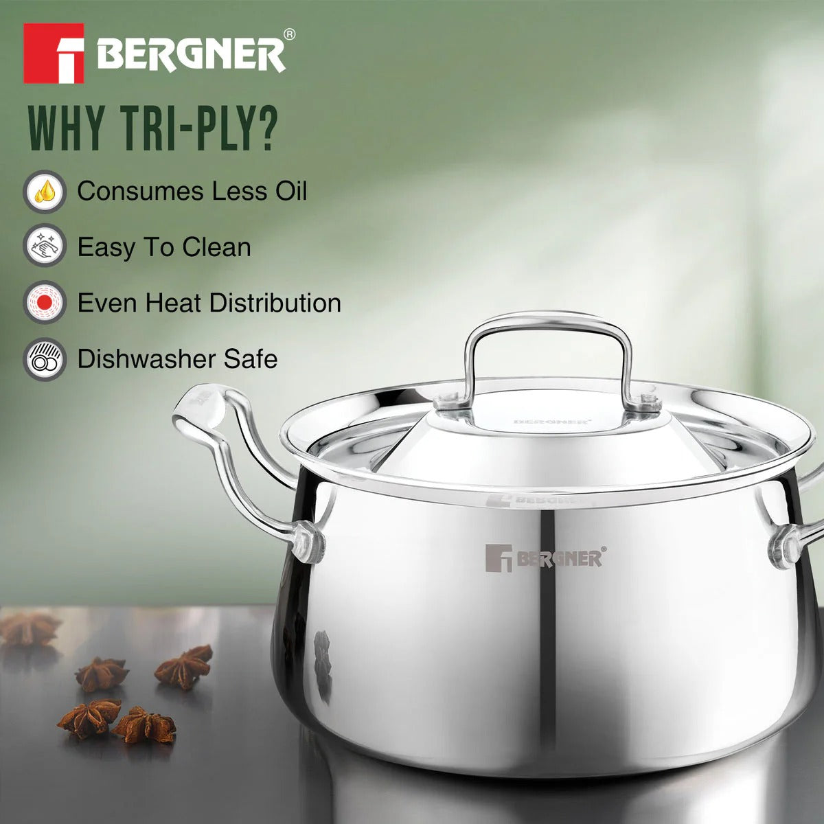 Bergner Argent Samsara Tri-Ply 22cm 4.5L Handi Induction Bottom (BGIN-6576)