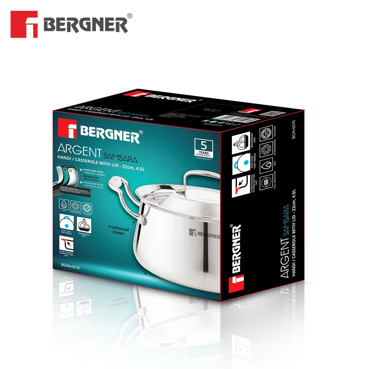 Bergner Argent Samsara Tri-Ply 22cm 4.5L Handi Induction Bottom (BGIN-6576)