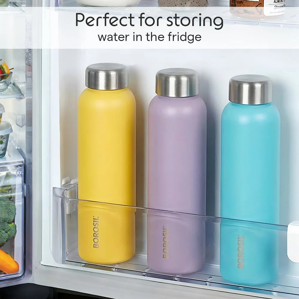 Borosil Apex Single Wall Water Bottle Set of 3 (1L Each) - Teal, Blue & Lavender