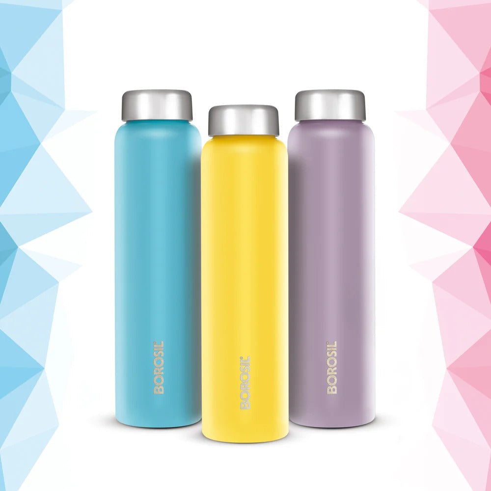 Borosil Apex Single Wall Water Bottle Set of 3 (1L Each) - Teal, Blue & Lavender
