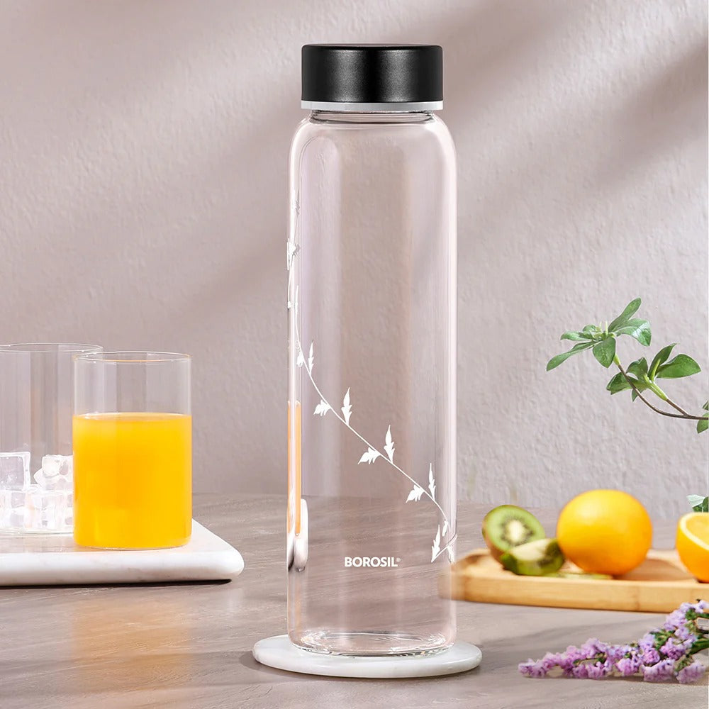 Borosil Crysto Glass Bottle SS Lid Krip White