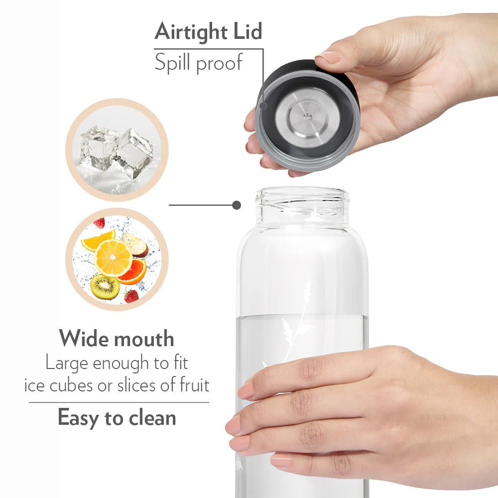Borosil Crysto Glass Bottle SS Lid Krip White