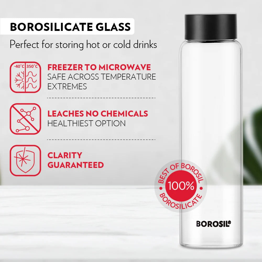 Borosil Crysto Glass Bottle with Black Lid