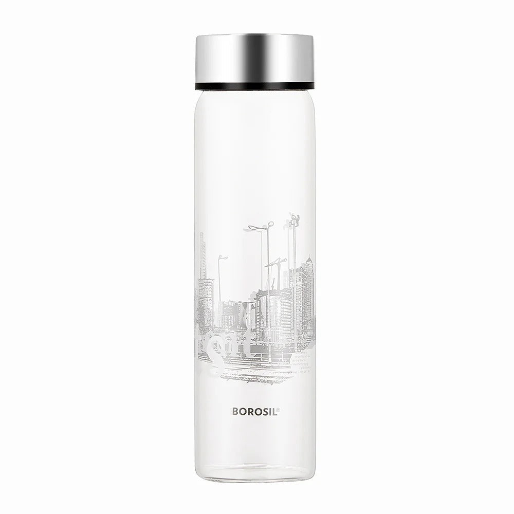 Borosil Roma Glass Bottle Wide Mouth Silver Lid 550ml
