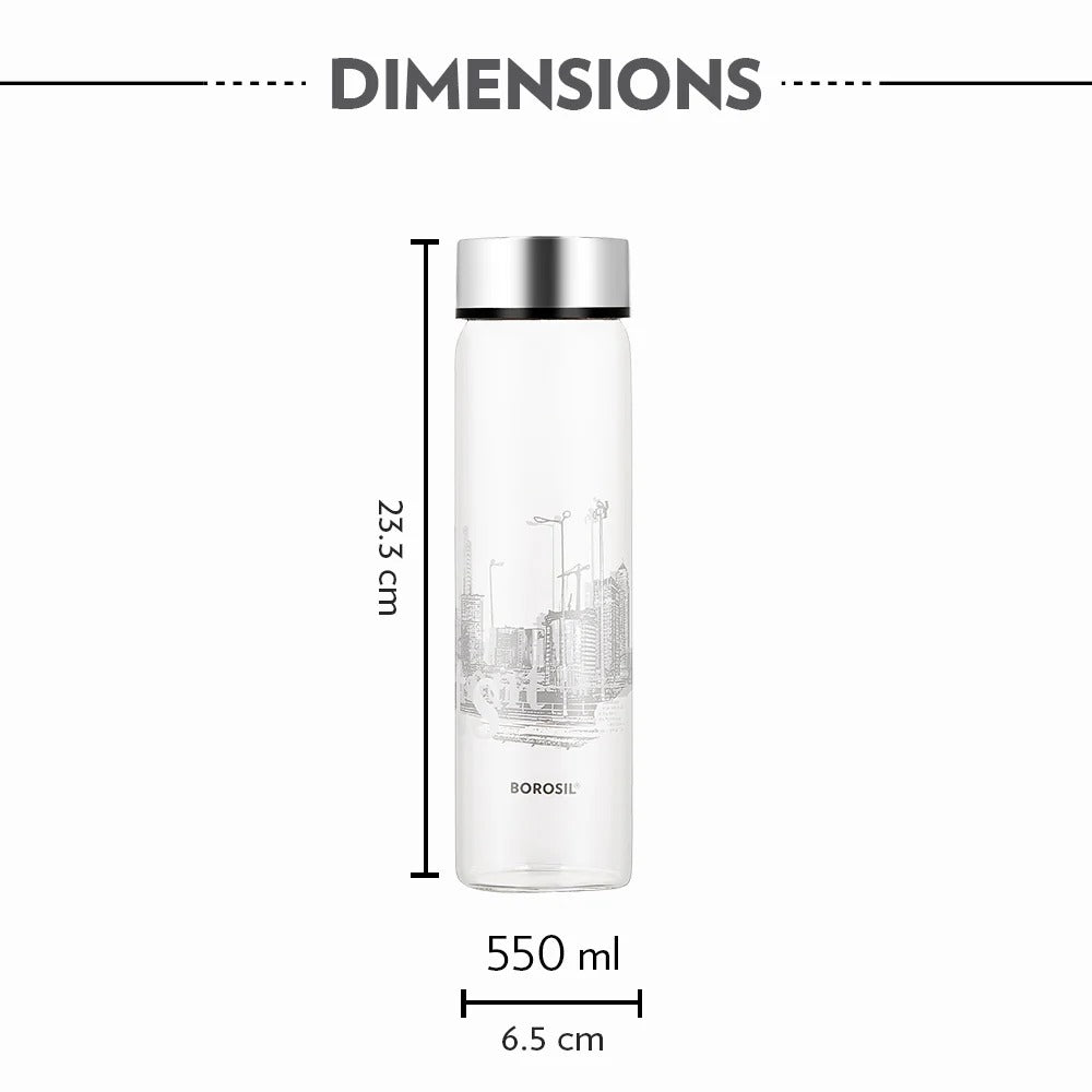 Borosil Neo Wide Mouth Roma Glass Bottle with Silver Lid 550ml