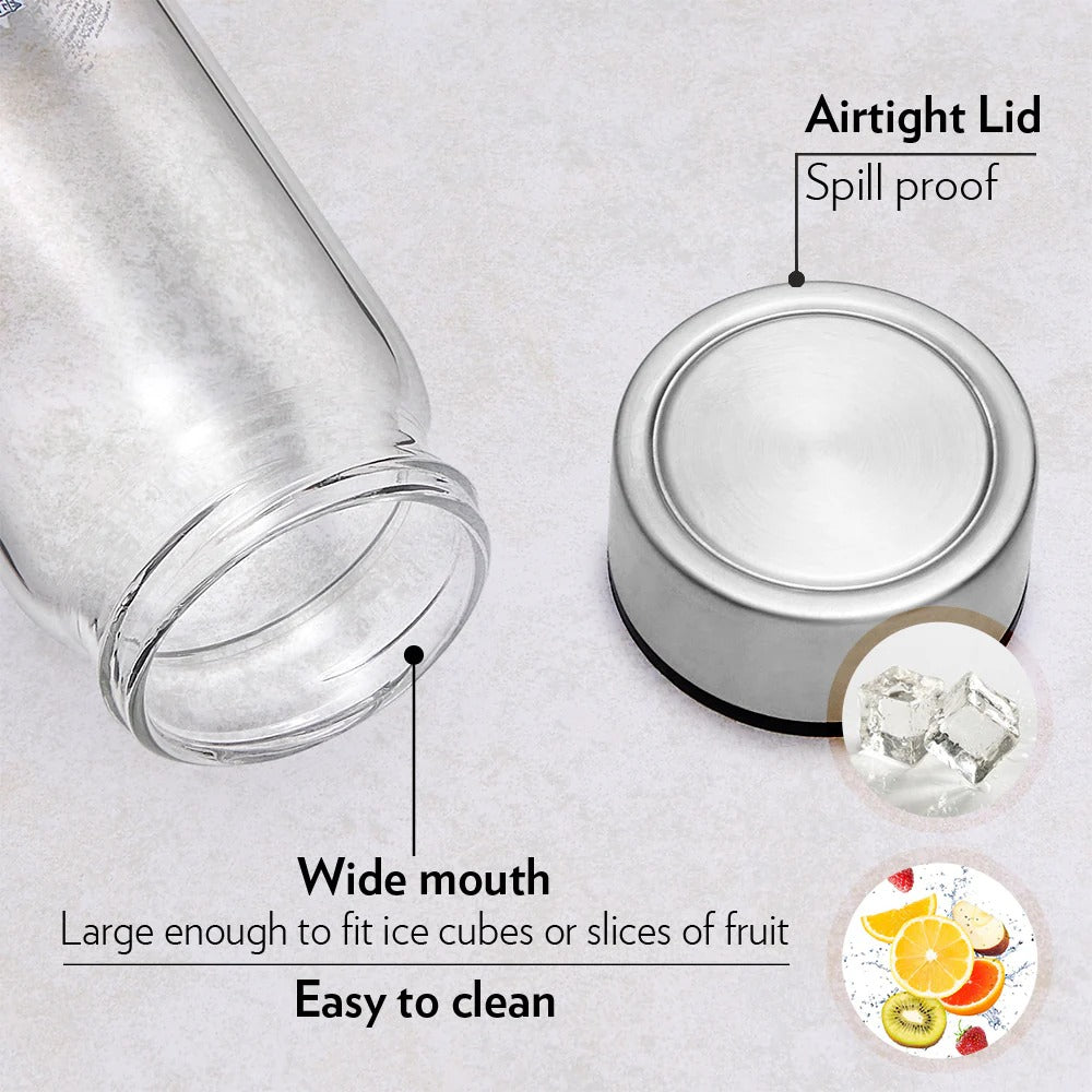 Borosil Neo Wide Mouth Roma Glass Bottle with Silver Lid 550ml