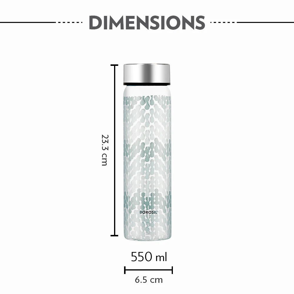 Borosil Neo Narrow Mouth Vista Glass Bottle with Silver Lid 550ml