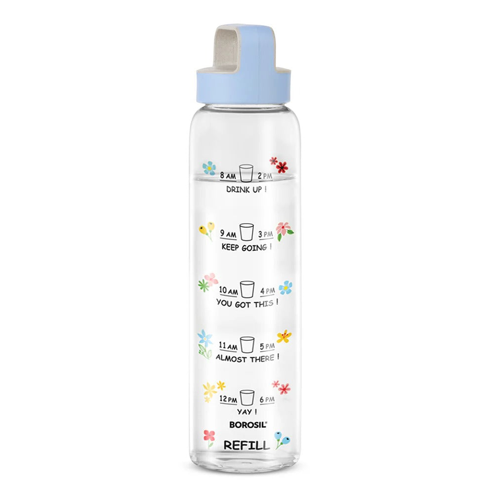 Borosil AM PM Glass Bottle with Husk Lid Blue
