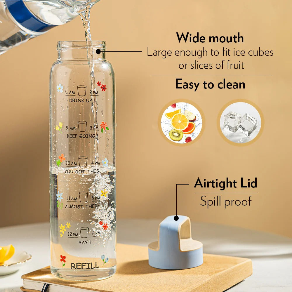 Borosil AM PM Glass Bottle with Husk Lid Blue