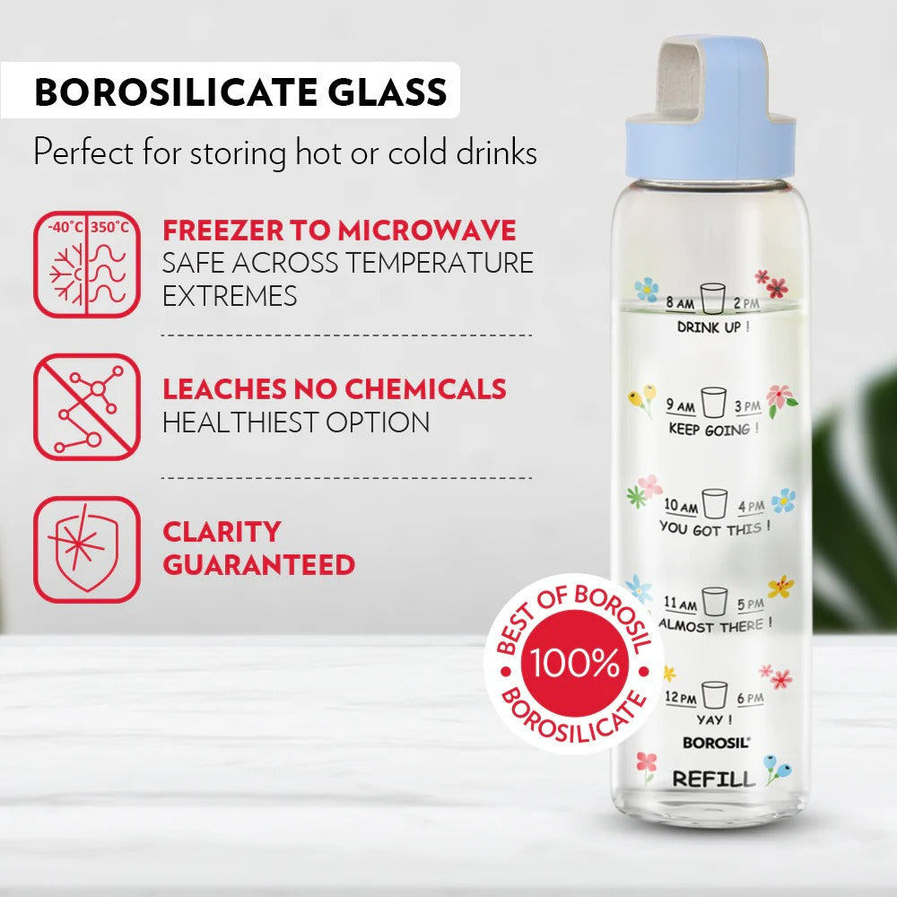 Borosil AM PM Glass Bottle with Husk Lid Blue