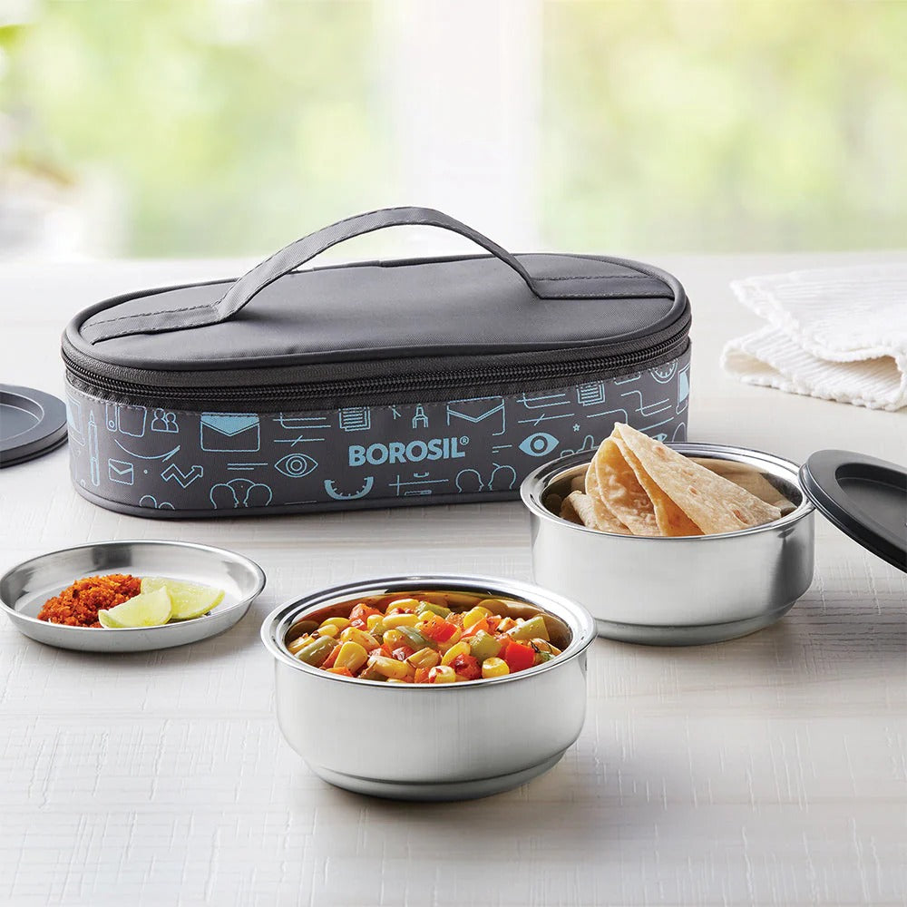 Borosil CarryFresh Steel Lunch Box Office Tiffin Set of 2 (180ml×2)