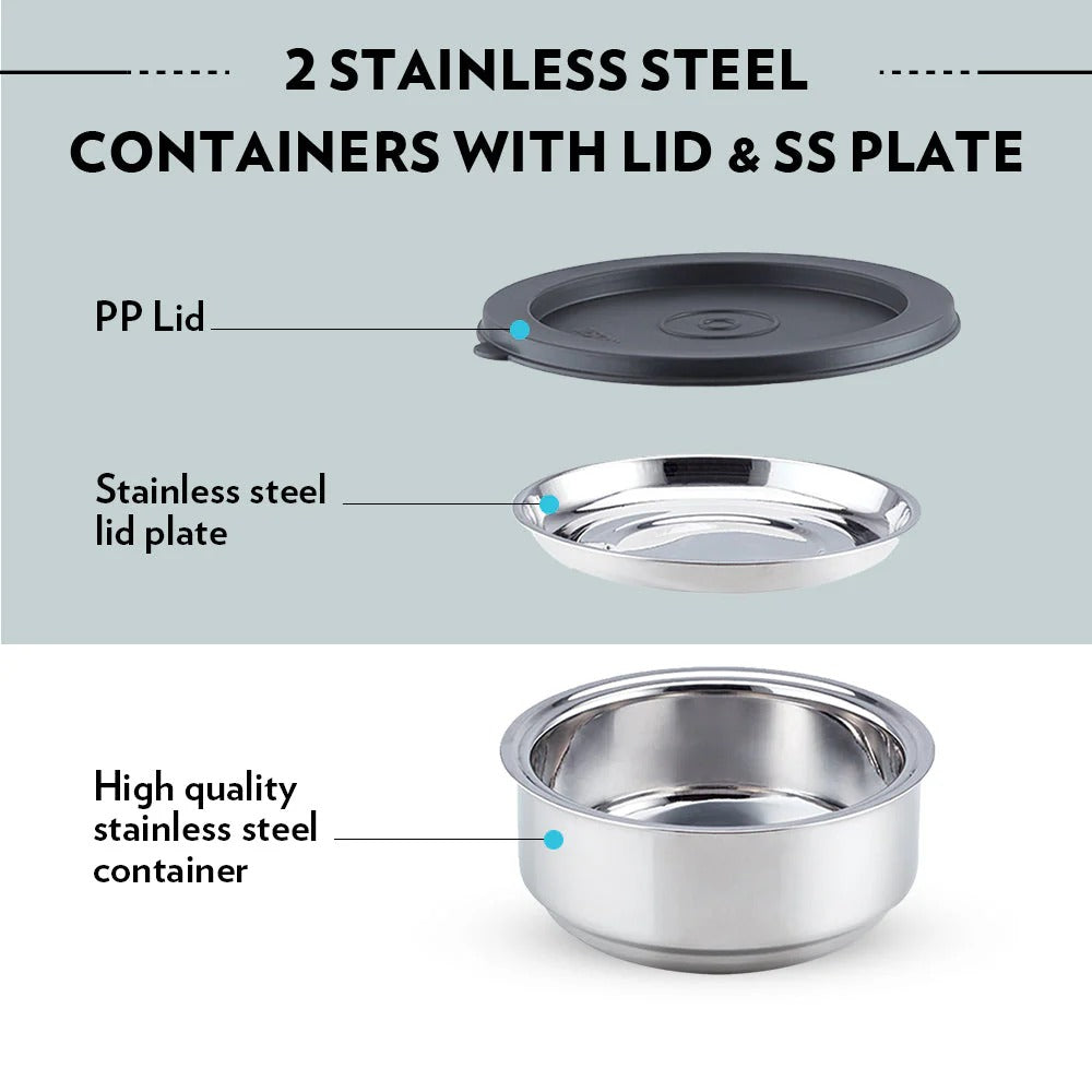 Borosil CarryFresh Steel Lunch Box Office Tiffin Set of 2 (180ml×2)