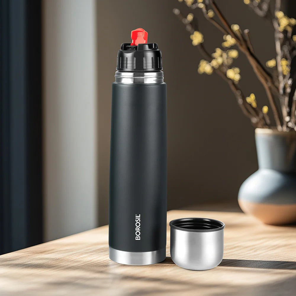 Borosil Thermo Double Wall Insulated Bottle 1L Matte Black