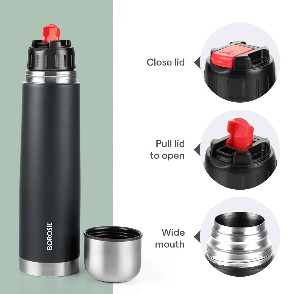 Borosil Thermo Double Wall Insulated Bottle 1L Matte Black