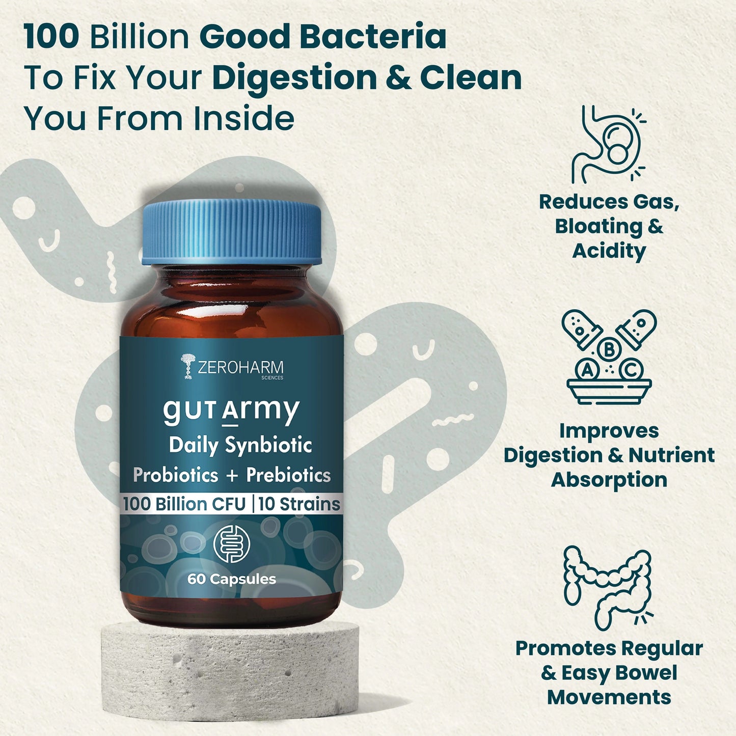 ZEROHARM Gut Army Probiotics Supplement for Men & Women - 60 tabs