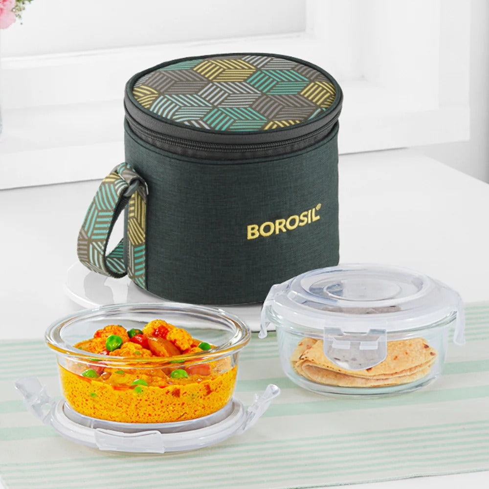 Borosil FoodLuck Olive Glass Lunchbox Round Set of 2 Tall