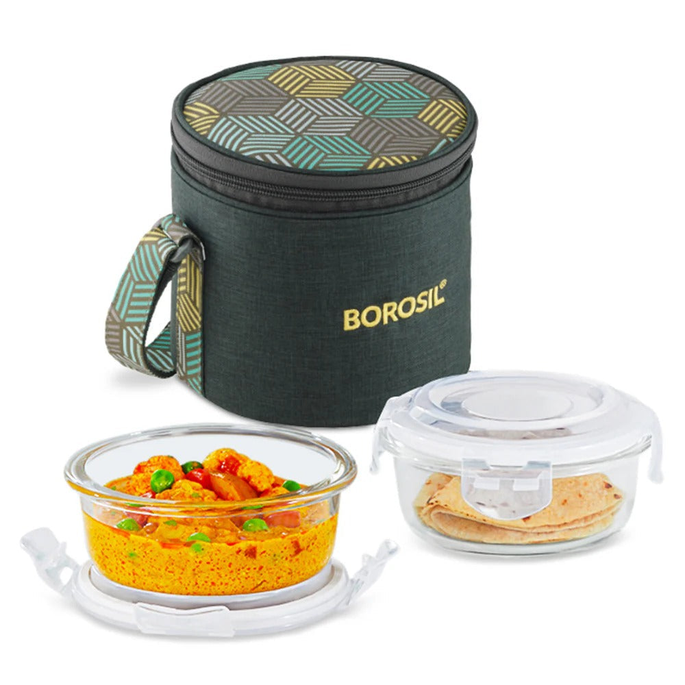 Borosil FoodLuck Olive Glass Lunchbox Round Set of 2 Tall