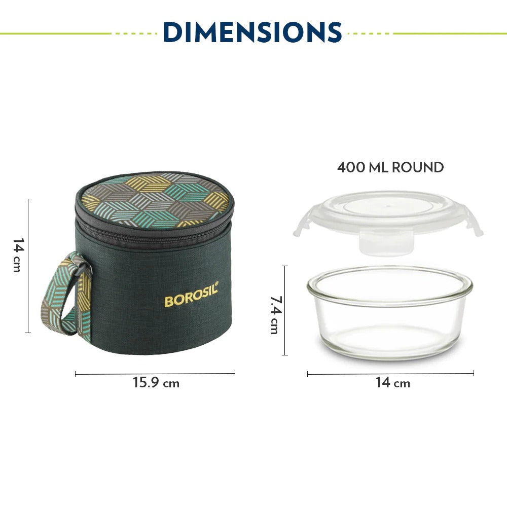 Borosil FoodLuck Olive Glass Lunchbox Round Set of 2 Tall