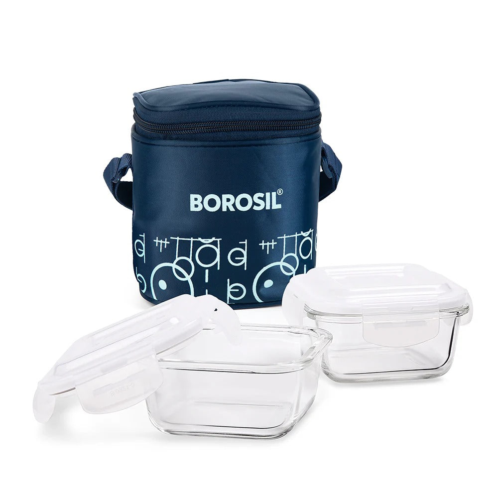 Borosil Grace Navy Glass Lunchbox Square Set of 2 Tall