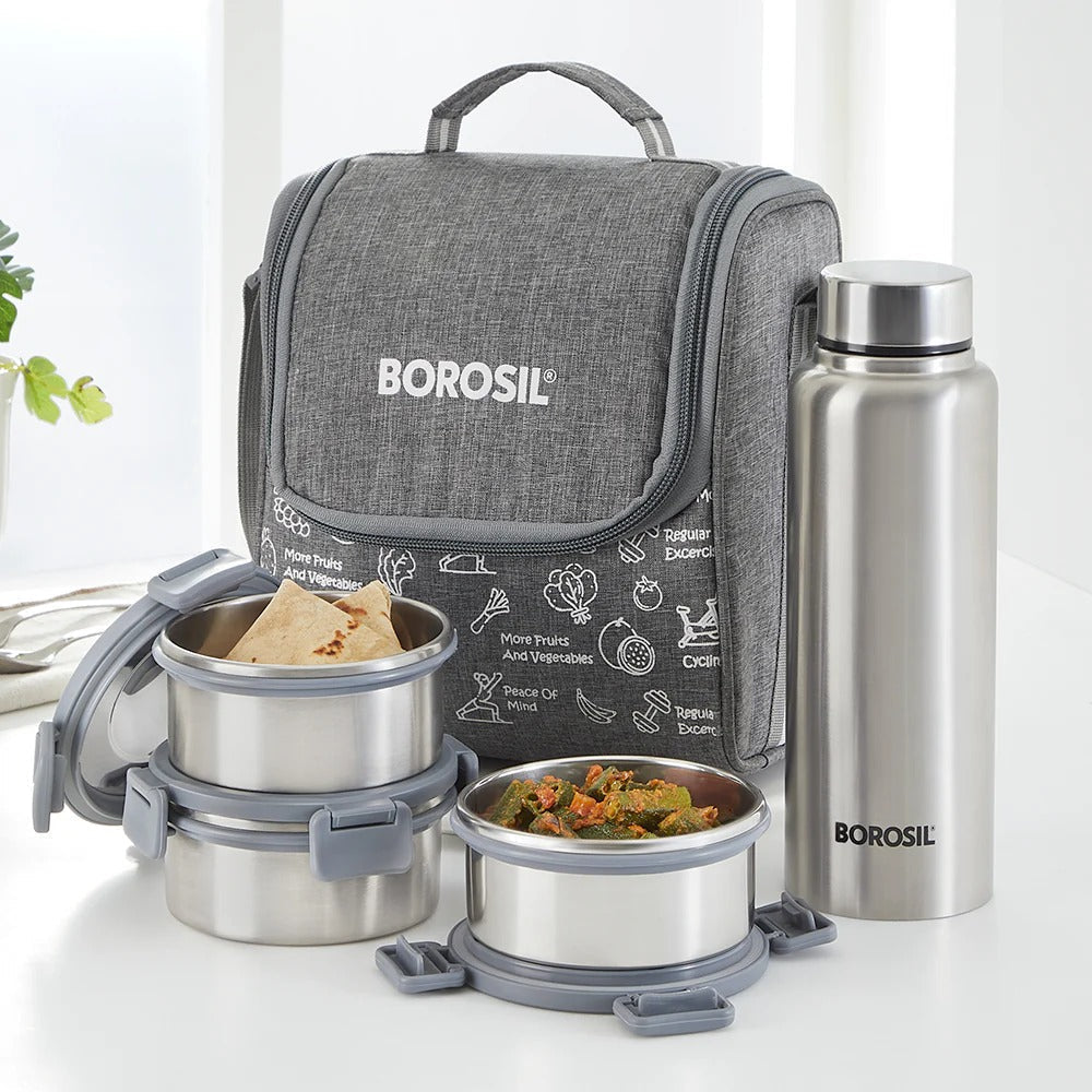 Borosil Slate Stainless Steel Lunchbox with SS Bottle