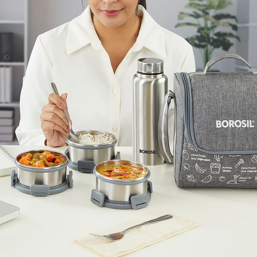 Borosil Slate Stainless Steel Lunchbox with SS Bottle