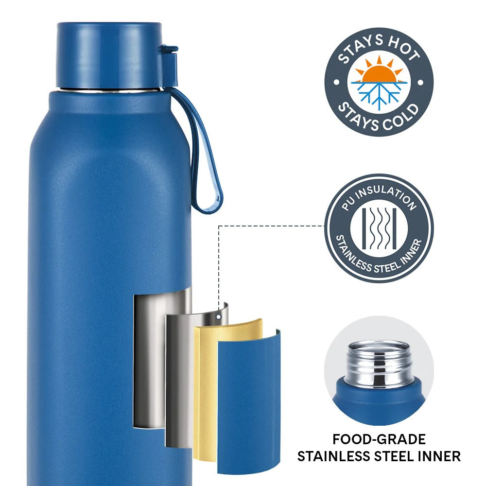 Borosil Larah Cube Square PU Thermoware Bottle 700ml Blue
