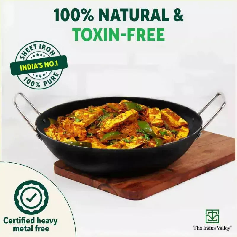 The Indus Valley 100% Pure Iron Cookware Set - Tawa + Fry Pan + Kadai + Free Tadka Pan