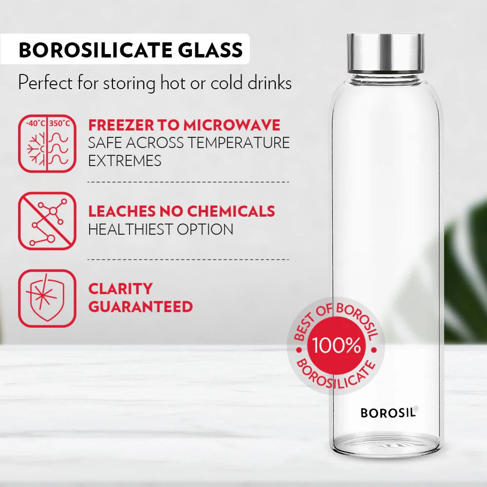 Borosil Crysto Slim Glass Bottle Steel Lid 550ml