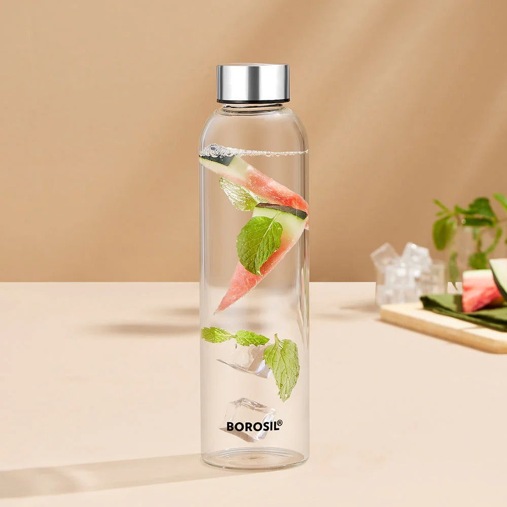 Borosil Crysto Slim Glass Bottle Steel Lid 550ml