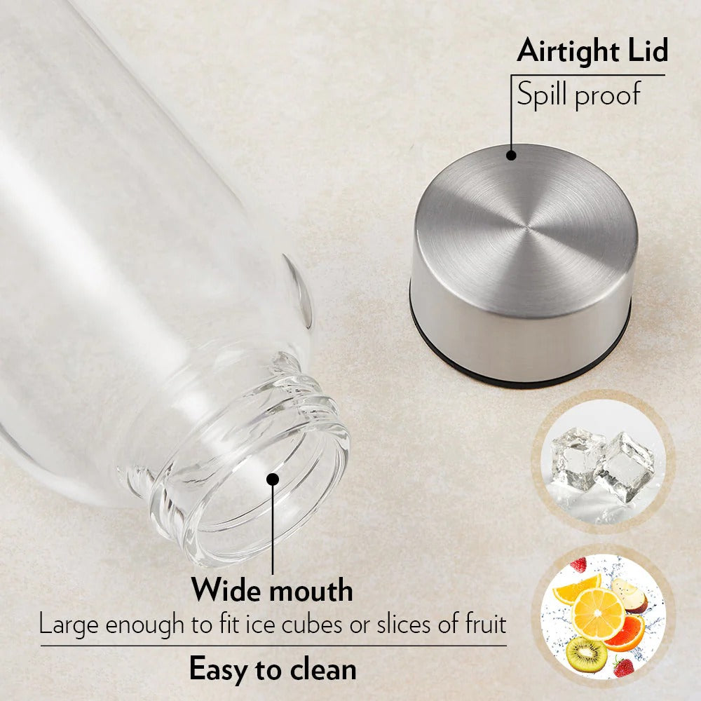 Borosil Crysto Slim Glass Bottle Steel Lid 550ml