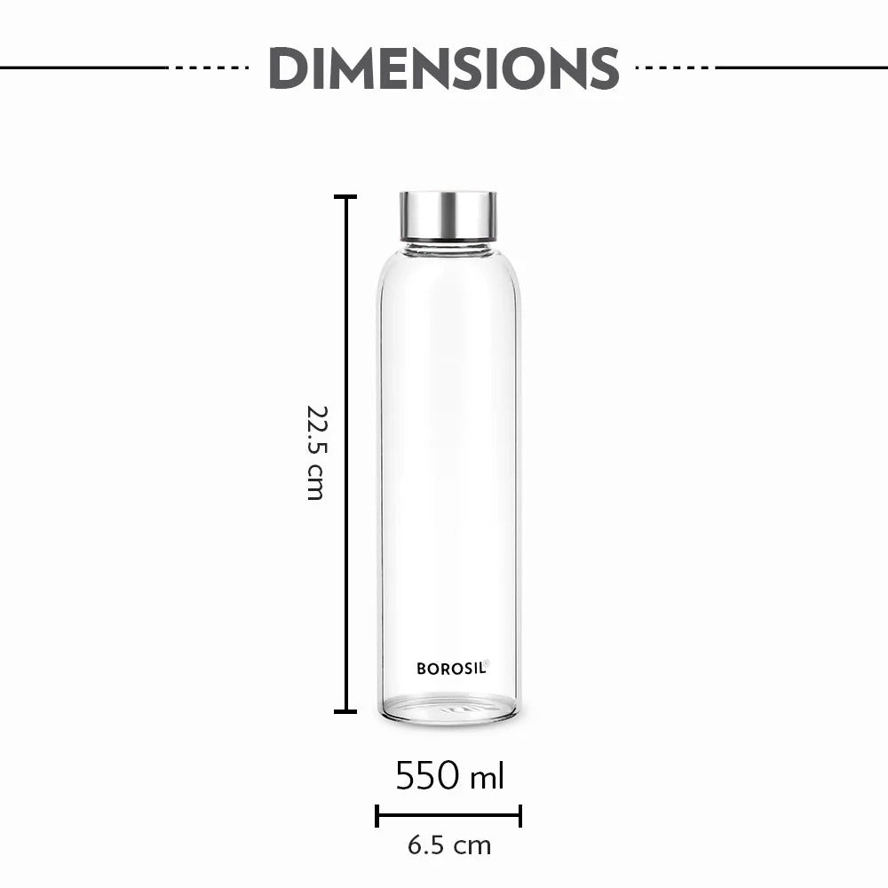 Borosil Crysto Slim Glass Bottle Steel Lid 550ml