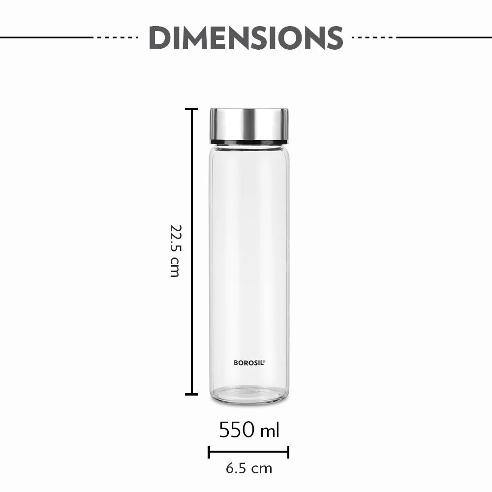 Borosil Neo Borosilicate Glass Water Bottle Silver 550ml