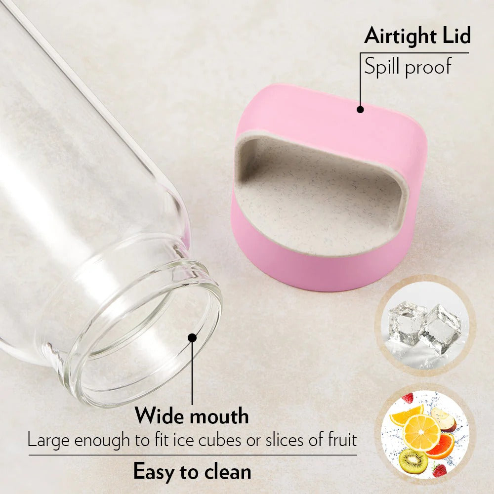Borosil Crysto Glass Water Bottle Pink Lid