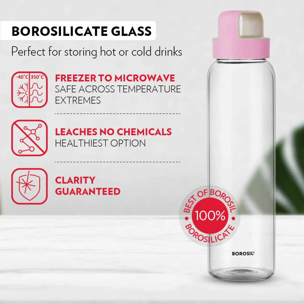 Borosil Crysto Glass Water Bottle Pink Lid