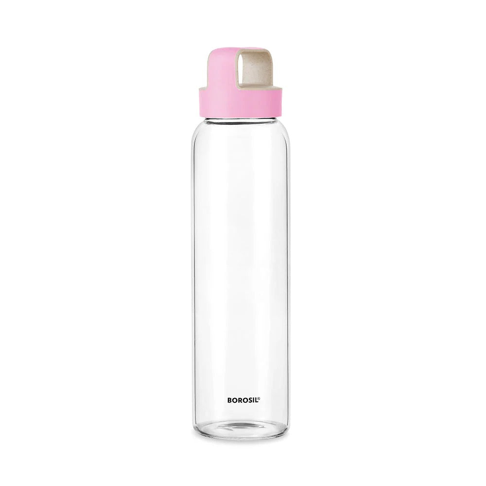 Borosil Crysto Glass Water Bottle Pink Lid