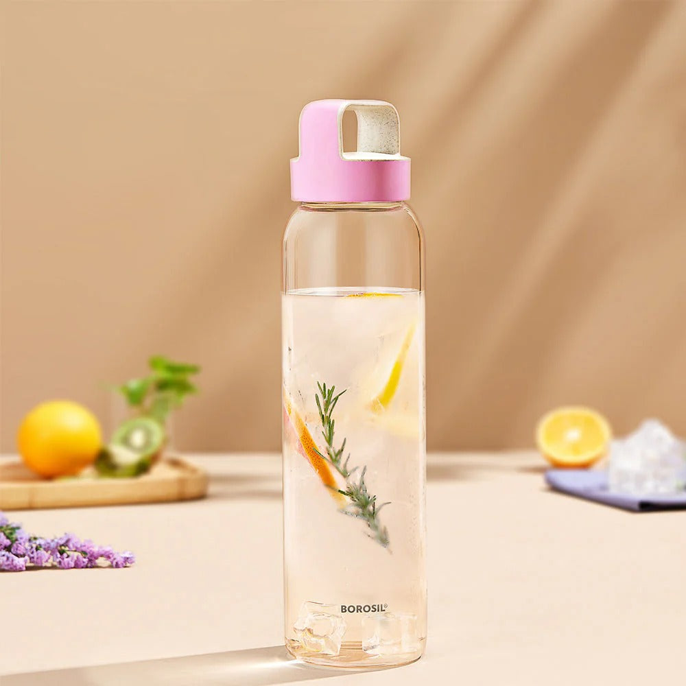 Borosil Crysto Glass Water Bottle Pink Lid