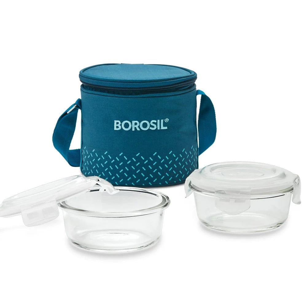 Borosil Glass Tiffin Office Lunch Box Teal Bag 400ml×2