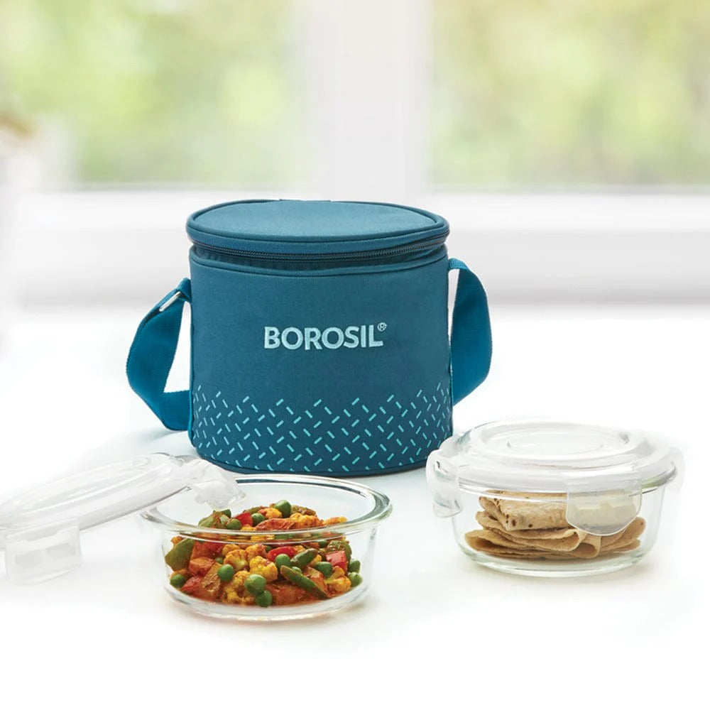 Borosil Glass Tiffin Office Lunch Box Teal Bag 400ml×2