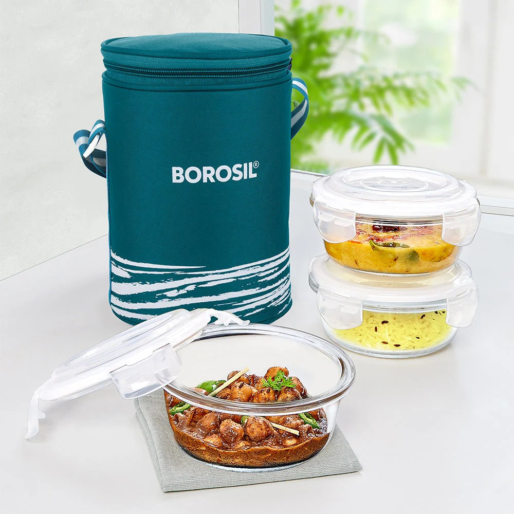 Borosil Steller Glass Tiffin Office Lunch Box Bag 400ml×3