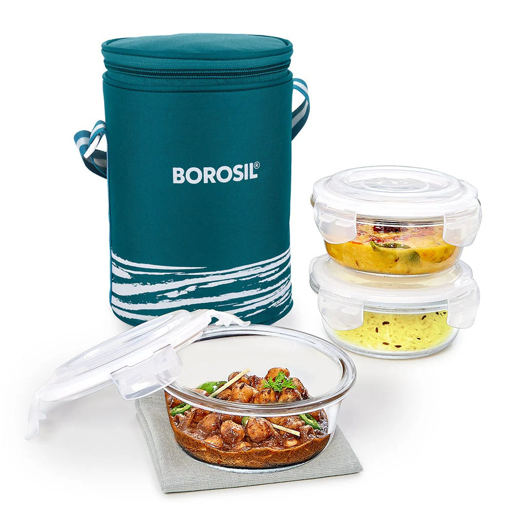 Borosil Steller Glass Tiffin Office Lunch Box Bag 400ml×3