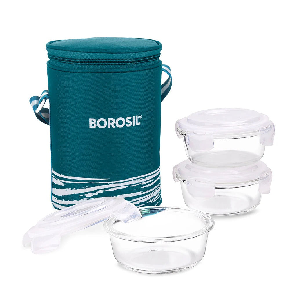 Borosil Steller Glass Tiffin Office Lunch Box Bag 400ml×3