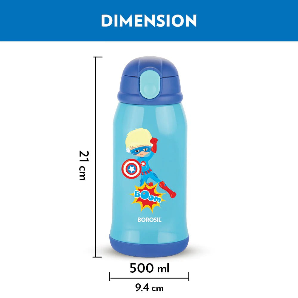 Borosil Hydra Steel Kids Water Bottle School Superhero