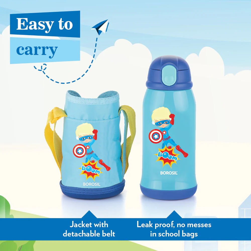 Borosil Hydra Steel Kids Water Bottle School Superhero
