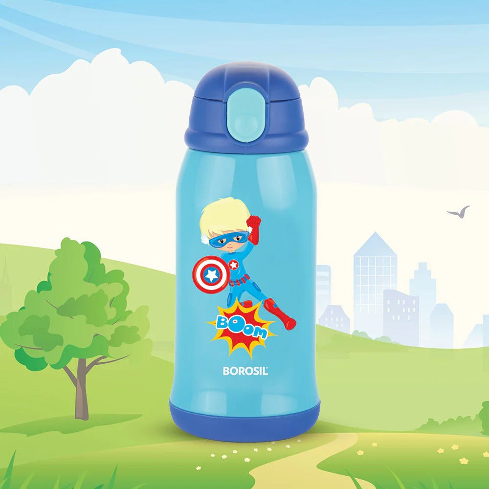 Borosil Hydra Steel Kids Water Bottle School Superhero
