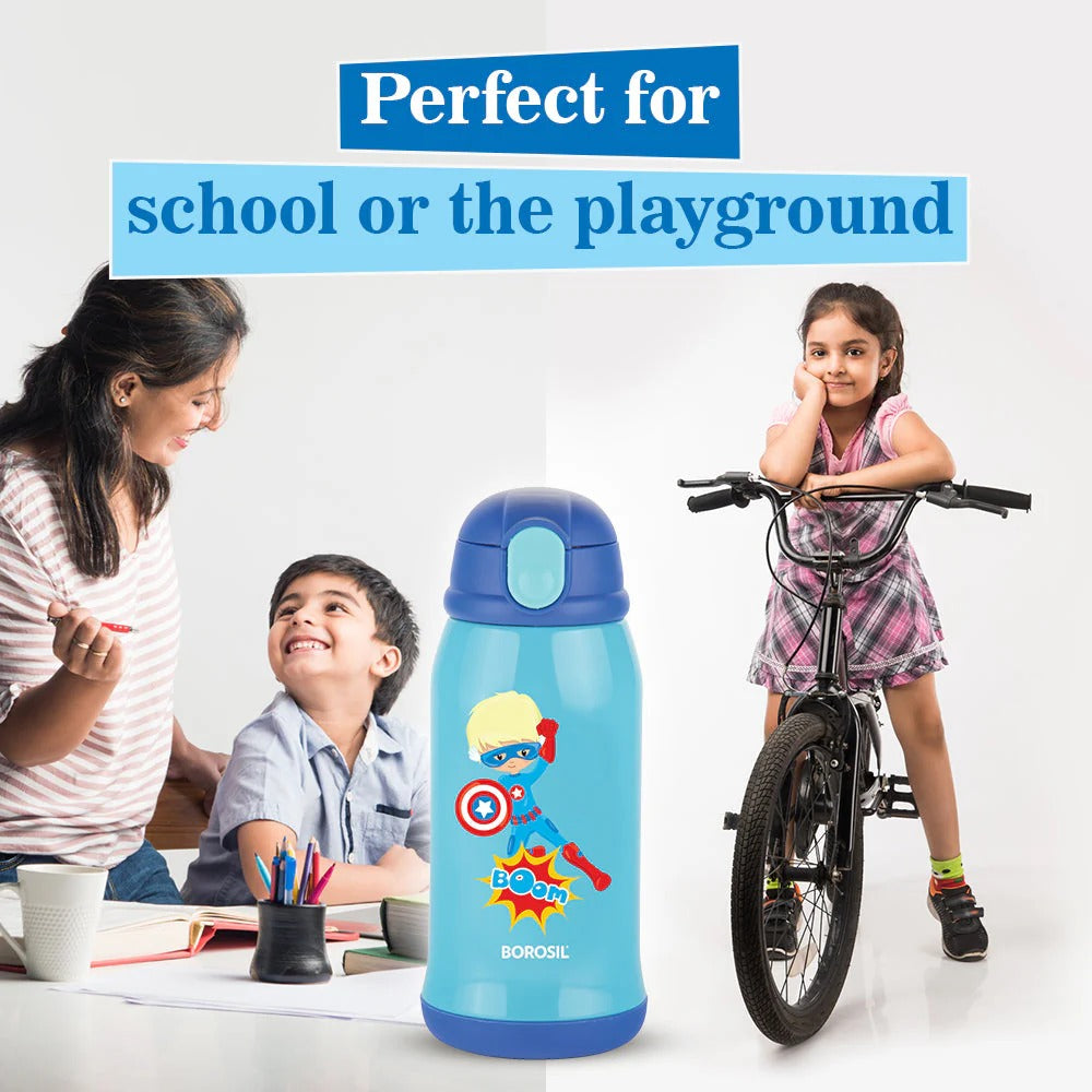 Borosil Hydra Steel Kids Water Bottle School Superhero